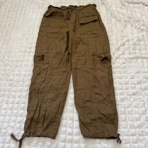 Magaschoni Medium 100% Linen Brown Wide Leg Cinch Ankle Pants ~ Lagenlook Boho